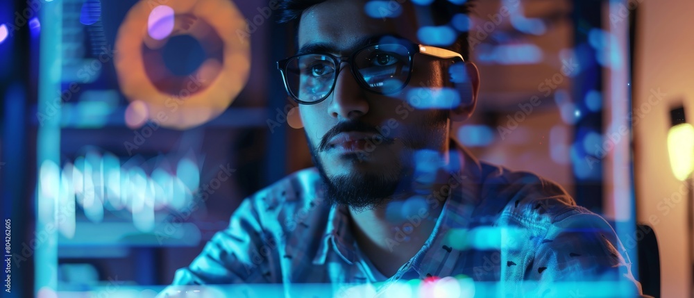 Poster photograph of an indian engineer working on a desktop computer in a technological office environment