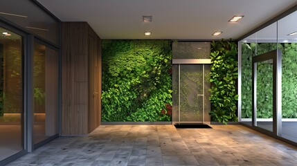 Contemporary entrance with a living wall and a sleek, frameless glass door