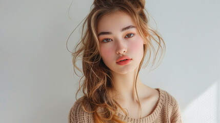 茶髪の若い日本人のファッションモデル