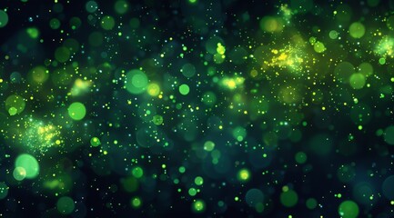 Abstract green particles background with bokeh lights and space for text. Glitter effect on dark background. Shiny glowing stars, stardust or fairy dust wallpaper design in the style of space.
