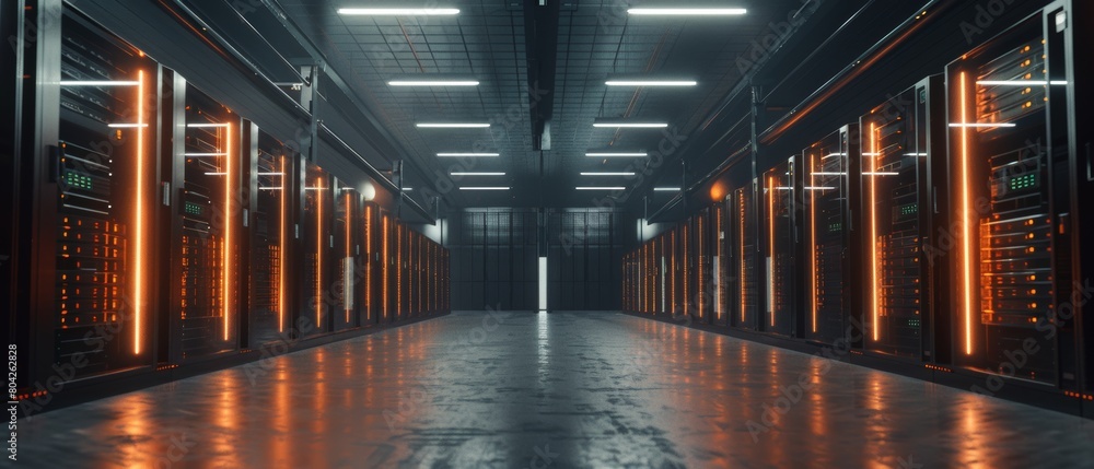 Poster rendering of data technology center server racks in a well-lit area. concept of iot, big data securi