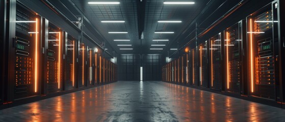 Rendering of data technology center server racks in a well-lit area. Concept of IoT, Big Data Security, Storage, Blockchain Farm, and Cloud Computing.
