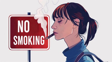 Illustration of a woman smoking under 'No Smoking' sign, irony in addiction