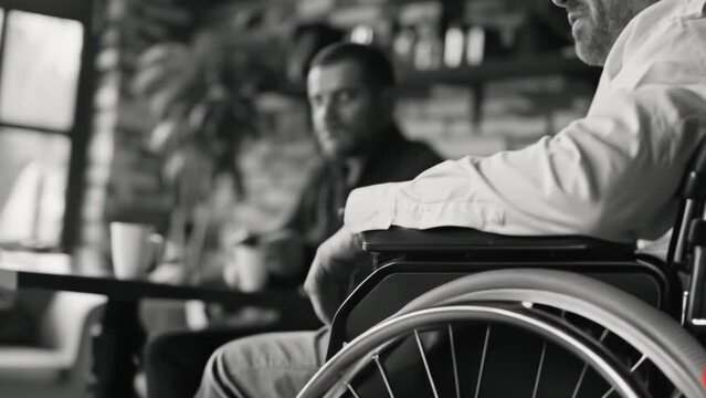 A disabled man is sitting in a wheelchair at cafe. He holds his hands on the wheel. Guy sit in wheel chair at coffee shop. Sad black and white photo. Depression concept.