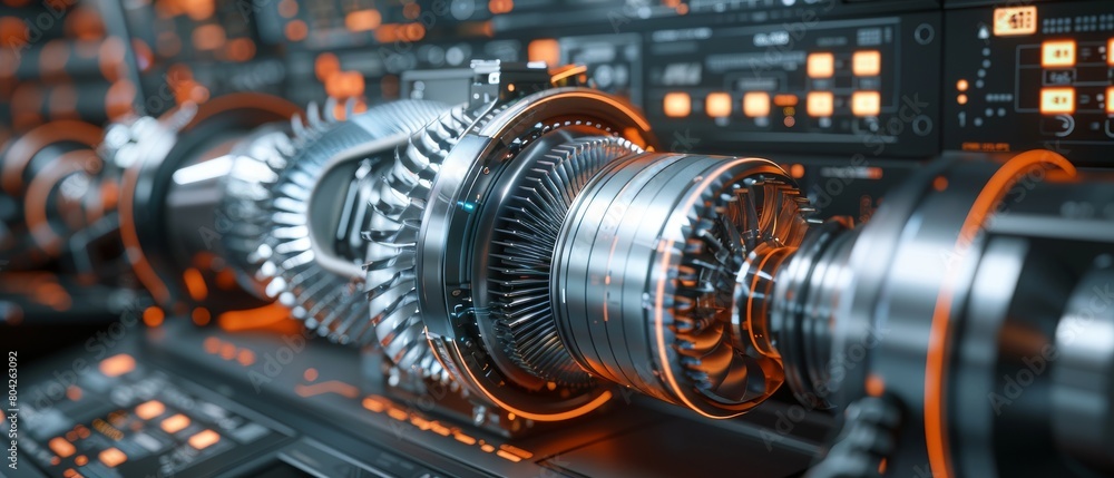 Poster mock-up of cad software showing the design of a green energy turbine engine from the inside. 3d rend