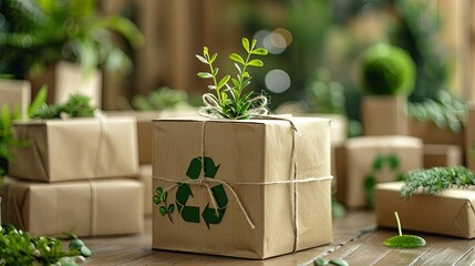 Image shows a group of cardboard boxes with green plants growing out of them