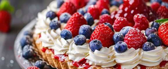 Patriotic cookie cake decorated with fruit and cream , professional photography and light