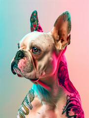 Portrait of a hipster french bulldog with colorful tattoo