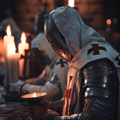 Knights Templar at prayer crosses cast in the soft glow of candlelight