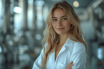 Obraz premium Portrait of a Smiling Female Doctor in Lab with Patient Care Expertise