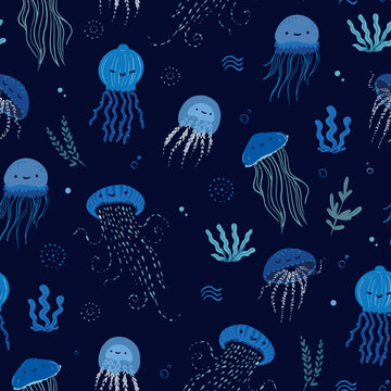 Sea jellyfish cute seamless vector pattern