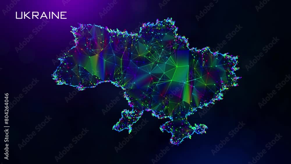Poster futuristic motion reveal ukraine map polygonal blue purple colorful connected lines and dots network