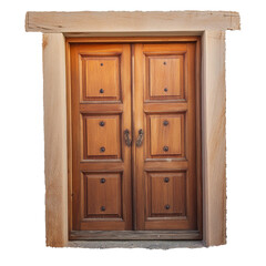 Old polished panelled double doors  in a rough wood frame, transparent background
