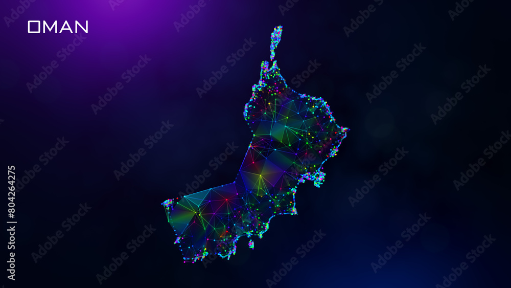 Poster futuristic oman map polygonal blue purple colorful connected lines and dots network wireframe with t