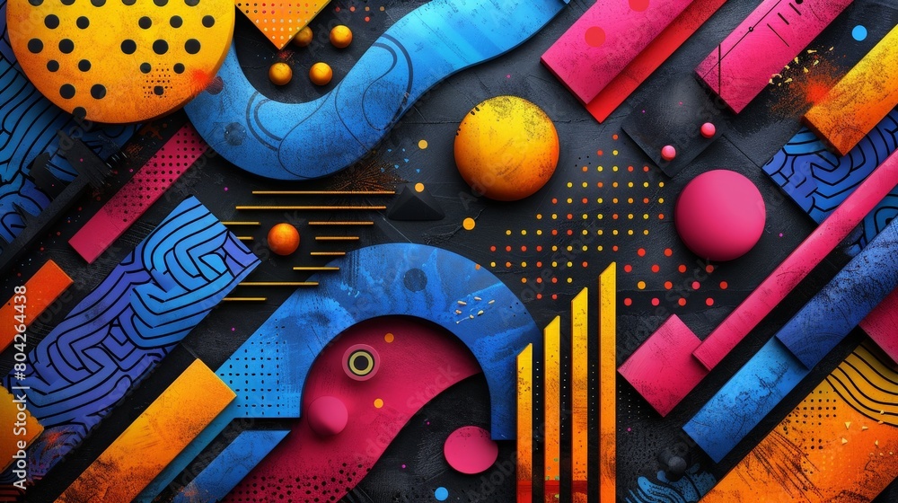 Poster Various geometric shapes in vibrant colors overlapping on a abstract background