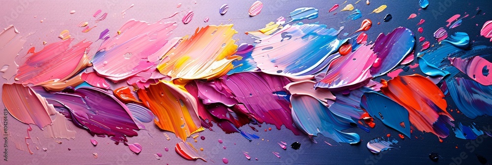 Poster colorful paint splatters in various sizes and shapes cover a canvas, creating a dynamic and abstract