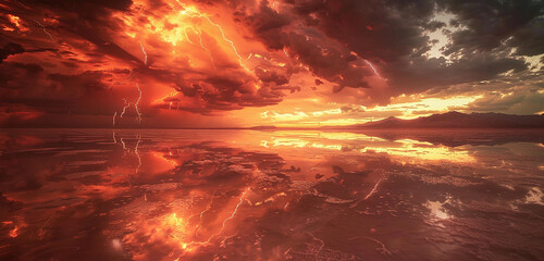 A surreal mirage of red lightning reflecting off the glassy surface of a desert salt flat, creating...