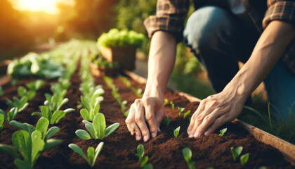 A close-up view of a gardener's hands planting young lettuce plants in rich, dark soil at sunset. - Powered by Adobe