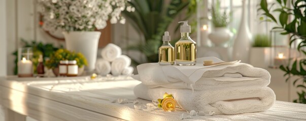 Inviting spa table with neatly folded towels, aromatic oils, and a backdrop of serene white decor