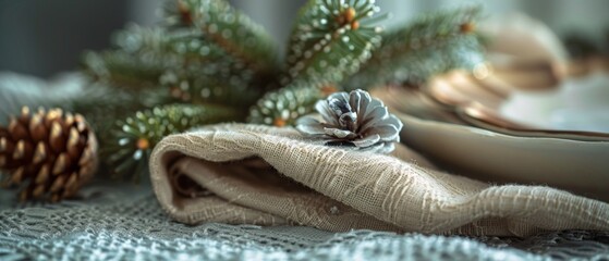 An elegant fold of a cotton napkin decorated for a Thanksgiving dinner at home or Christmas celebration. Table linen dressed with pinecones and Christmas tree branches.