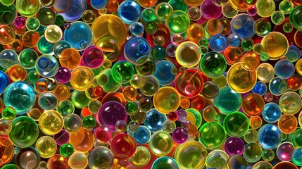 A detailed view of numerous vibrant glass bubbles in varying sizes and colors