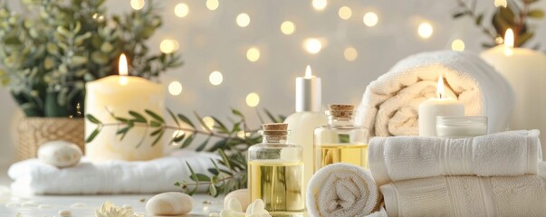 Peaceful white spa environment with candles, towels, and a collection of natural bath oils