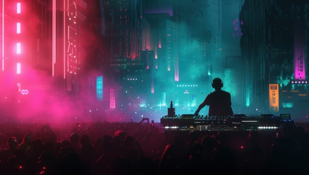 DJ with headphones at night club party under the blue light and people crowd in background