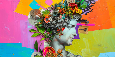 Vibrant Graffiti Art of Classical Sculpture with Floral and Musical Elements