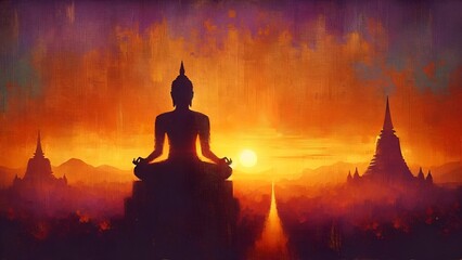 Vesak day, buddha purnima background illustration with a buddha silhouette at sunset.