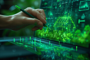 Man Analyzing Energy Efficiency Rating on Virtual Display for Sustainable Housing