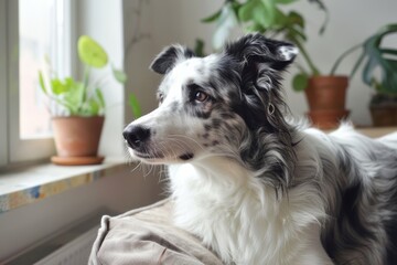 blue merle border collie dog at minimal apartment interior on the couch