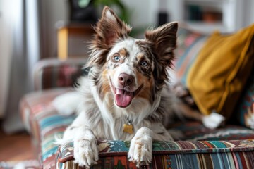 brown merle border collie dog at maximalist stylish apartment interior on the couch
