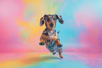 brown merle dachshund purebred dog dancing on pastel colorful blue, yellow and pink background. Veterinary clinic, grooming salon, pet shop ad.