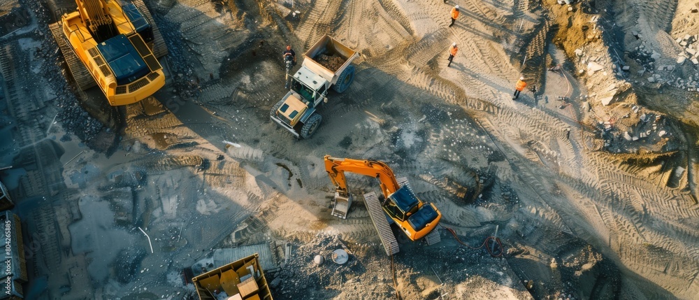 Poster an aerial drone shot shows a construction site with heavy machinery on a bright sunny day. a team of