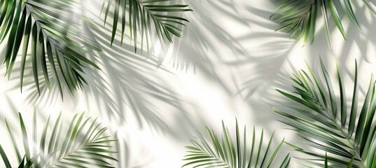 Palm leaves shadows on a white wall background, an abstract summer concept banner with space for copy. A realistic photo of palm leaves' shadows on a beige white concrete wall. A background with shad