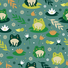 Happy frogs seamless vector pattern design