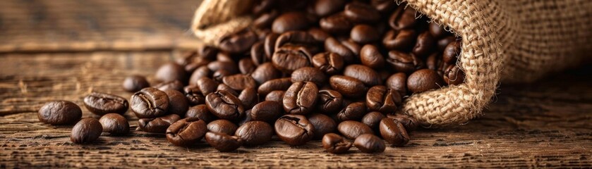 Fototapeta premium A detailed closeup of coffee beans spilling from a burlap sack, highlighting their glossy texture and rich color