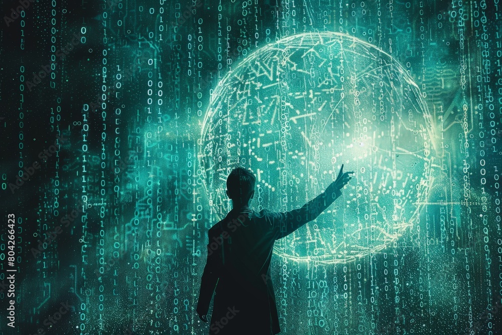 Poster Man Standing in Front of Digital Sphere