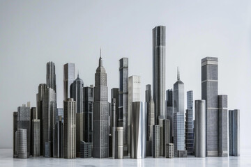 A collection of modern architectural models or miniature skyscrapers made from metal or acrylic, arranged in a grid pattern on a plain surface.