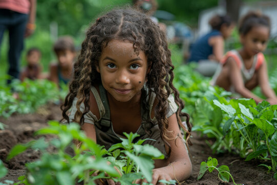 Children and adults participating in a gardening workshop in a vibrant community garden. AI generated.