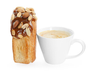 Round croissant with chocolate paste, nuts and cup of coffee isolated on white. Tasty puff pastry