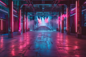 nightclub interior in industrial building for rave party in blue pink neon color light