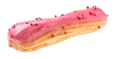 Delicious eclair covered with pink glaze isolated on white