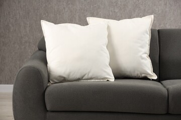 Two soft white pillows on sofa indoors