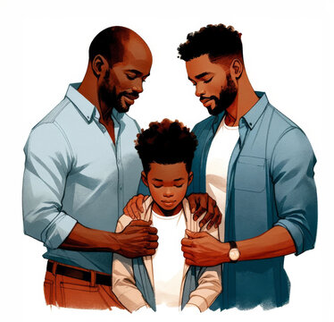 Gay dad and adopted boy in a tender family moment for Father's Day