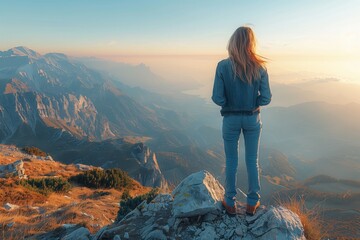 Obraz premium A woman stands on top of a mountain, gazing out at the breathtaking view below, symbolizing the rewards of perseverance and determination in reaching lofty goals