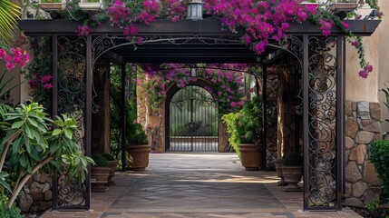 Elegant entrance with a wrought-iron pergola and a fragrant flower archway