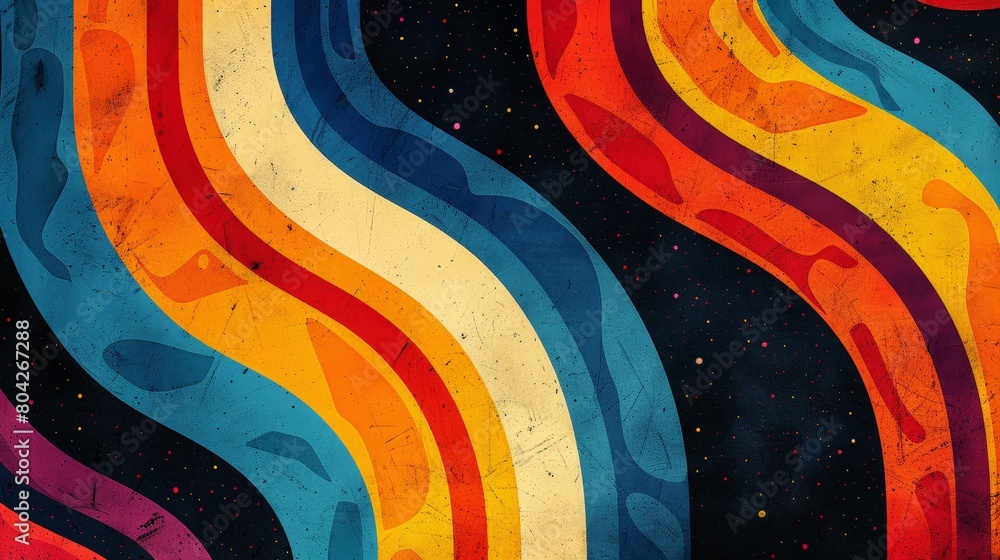 Poster Vibrant and dynamic wavy lines in various colors set against a black backdrop, creating a visually striking and energetic composition