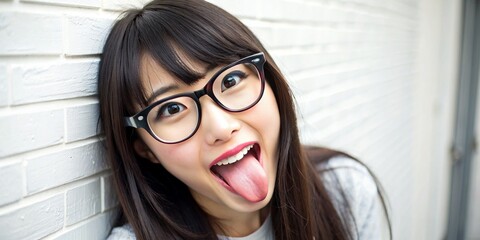 眼鏡をかけた女性モデルがふざけて舌を出す表情