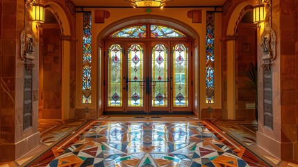 Obraz premium Grand entrance with a custom-designed stained glass door and a mosaic tile floor